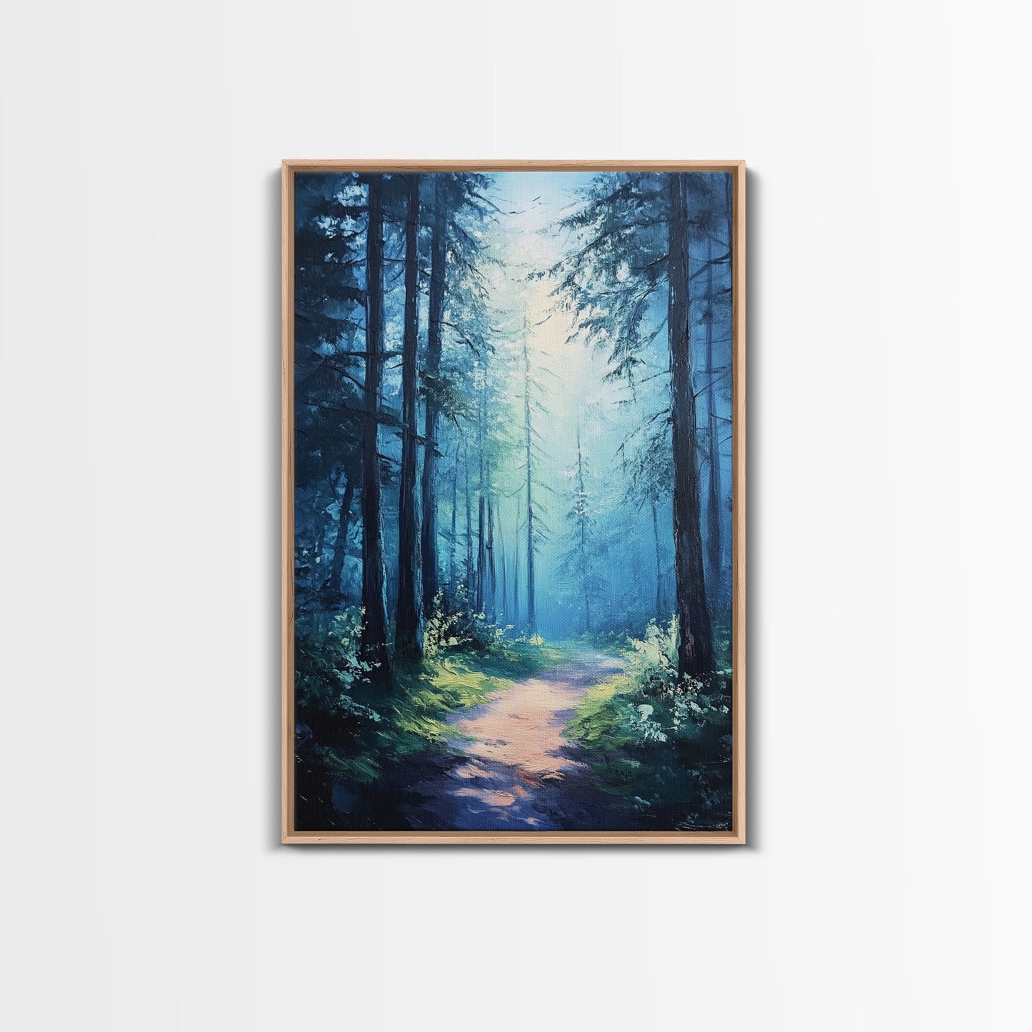 Enchanting Forest Canvas Print, Moody Blue Landscape Painting with Pine Tree Art, Above Sofa Rustic Wall Artwork