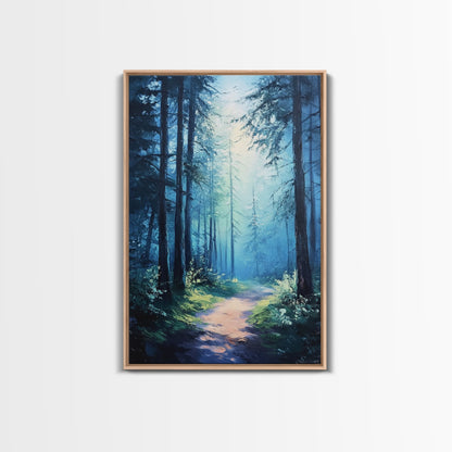 Enchanting Forest Canvas Print, Moody Blue Landscape Painting with Pine Tree Art, Above Sofa Rustic Wall Artwork