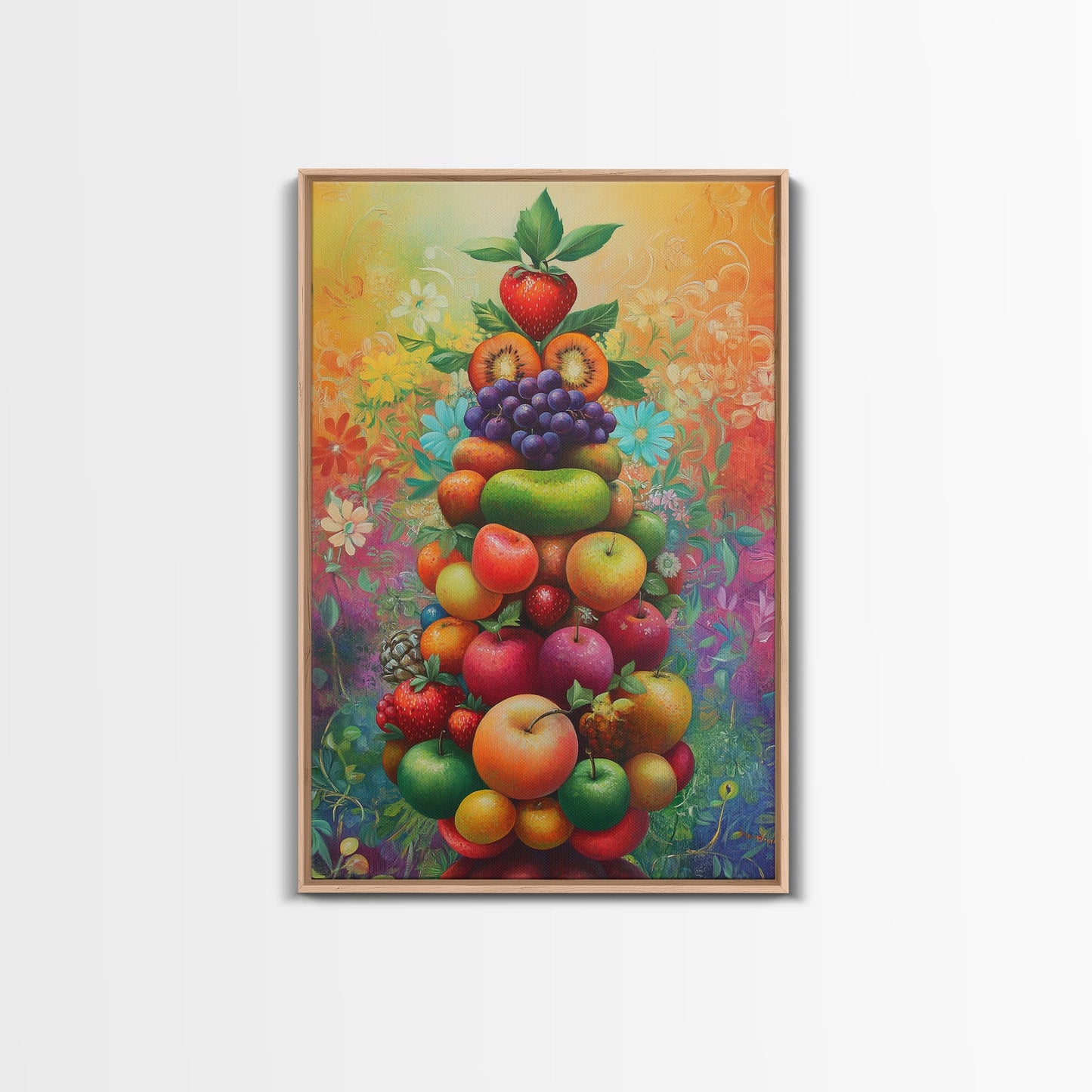 Fruit Pyramid Canvas Print with Whimsical Still Life Art, Vibrant Food Review Wall Art, Rustic Farmhouse Decor for Kitchen or Dining Area