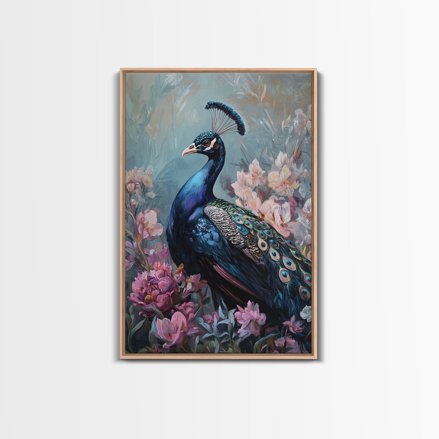 Graceful Peacock Floral Framed Canvas Print | Botanical Bird Art | Chinoiserie Wall Decor | Elegant Tropical Painting | Home Accent
