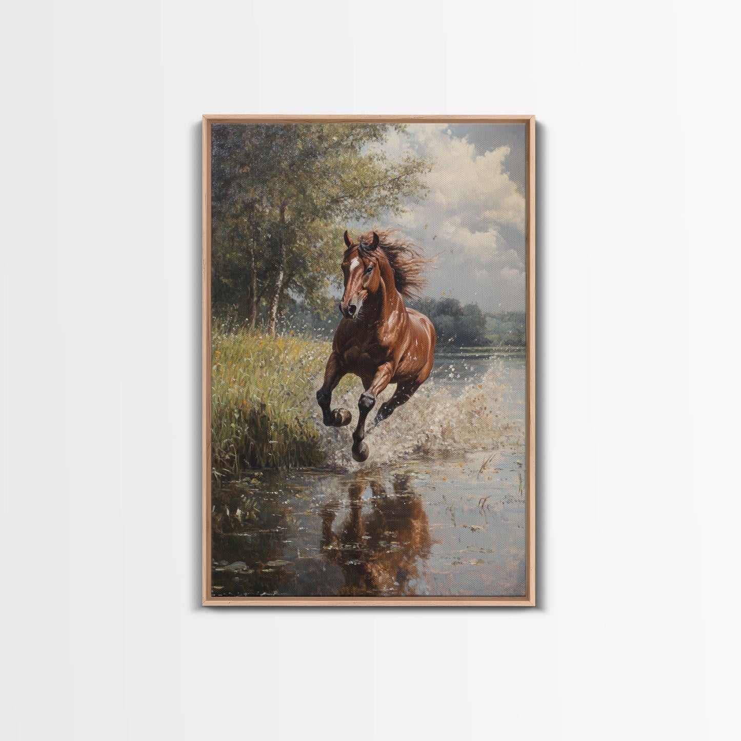 Splashed Stallion Crossing Water Framed Canvas Print Vintage Horse Art Rustic Wall Art Living Room Gift Idea Boho Style