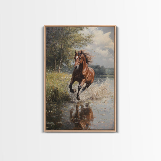 Splashed Stallion Crossing Water Framed Canvas Print Vintage Horse Art Rustic Wall Art Living Room Gift Idea Boho Style