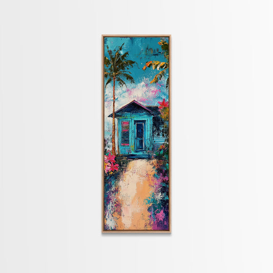 Beach House, Tropical, Framed Canvas Print, palm tree painting, cottagecore wall art, coastal cowgirl wall art, boho art, vibrant wall art