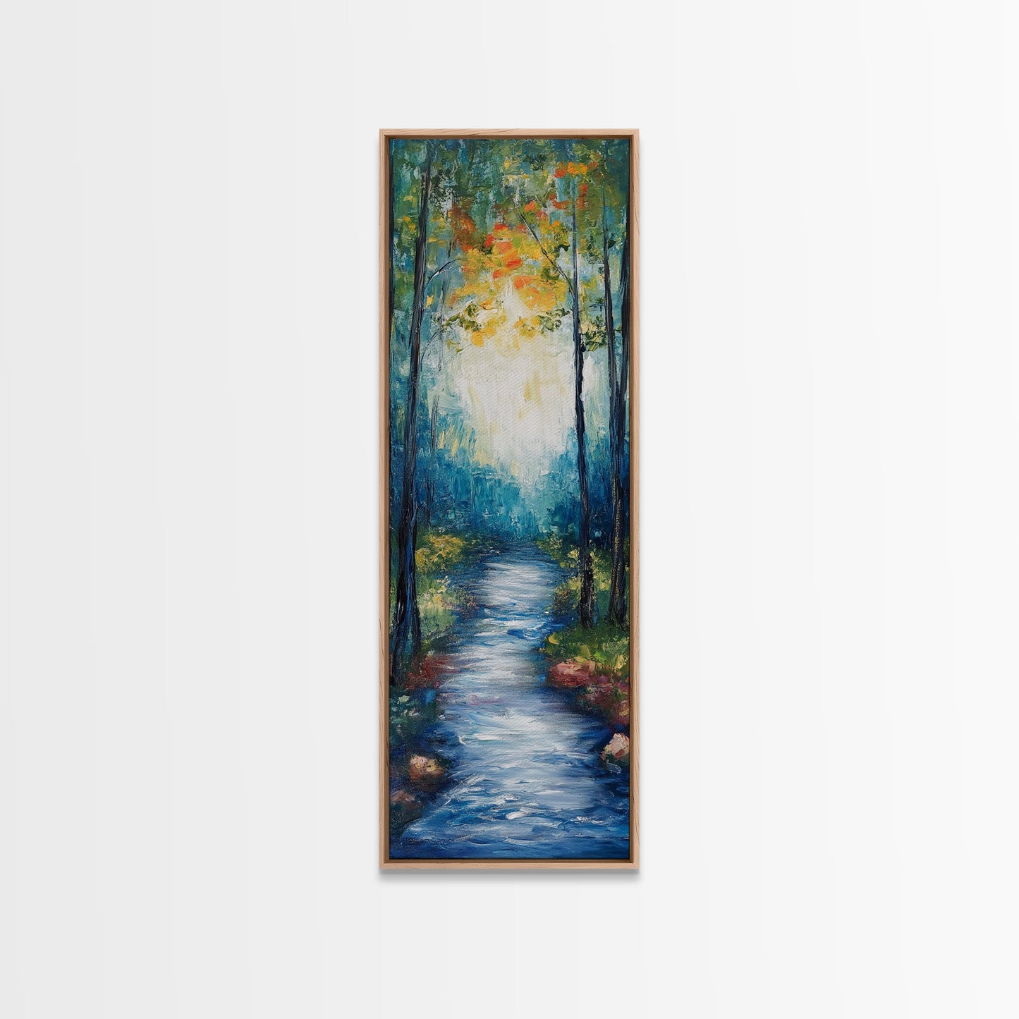 Autumn Forest Path, forest at dusk painting, birch tree painting, moody art, landscape painting, vertical wall art, Canvas Print