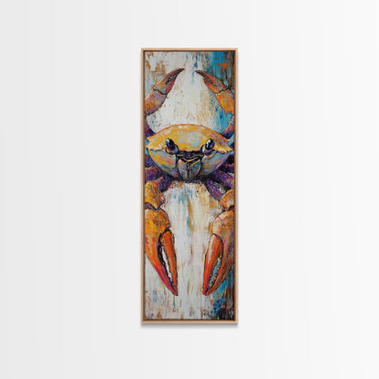 Colorful crab, coastal cowgirl wall art, crayfish painting, nautical wall art, framed canvas print, tall skinny art, rustic décor
