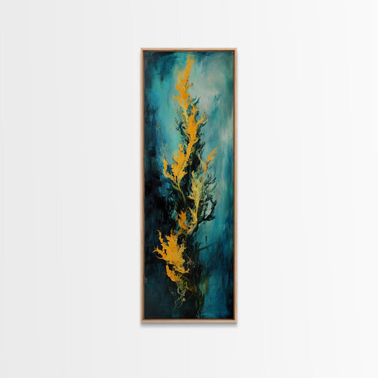 Abstract Floral Painting, Botanical Prints, Teal Wall Art, Cottagecore Wall Art, Framed Canvas Print, Tall Narrow Art