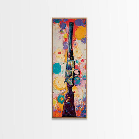 Colorful Gun, chicano art, graffiti wall art, bold wall art, blotter art, modern decor, Framed Canvas Print, contemporary art