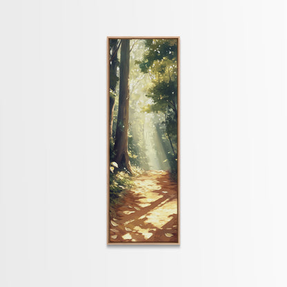 Forest Path, Sunlit Trees, Woodland Art, Framed Canvas Print, Landscape Painting, Tall Narrow Art, Rustic Décor