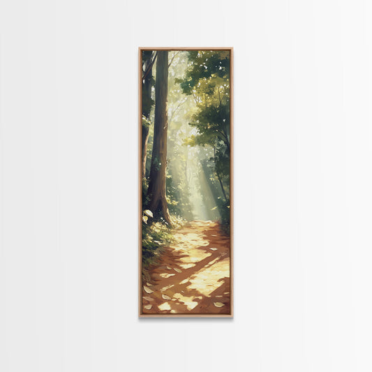 Forest Path, Sunlit Trees, Woodland Art, Framed Canvas Print, Landscape Painting, Tall Narrow Art, Rustic Décor