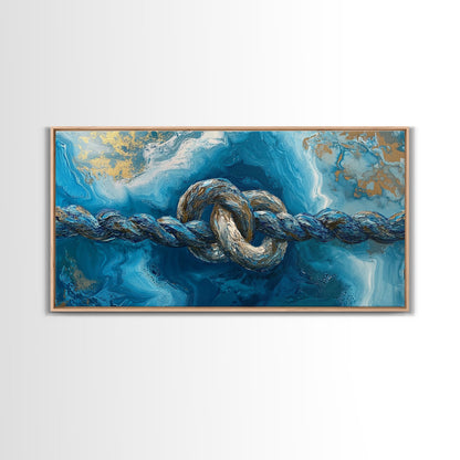 Ozeanseil, maritime Dekoration, blau-goldene Wandkunst, Küstenmalerei, Seestückmalerei, horizontale Wandkunst, gerahmter Leinwanddruck