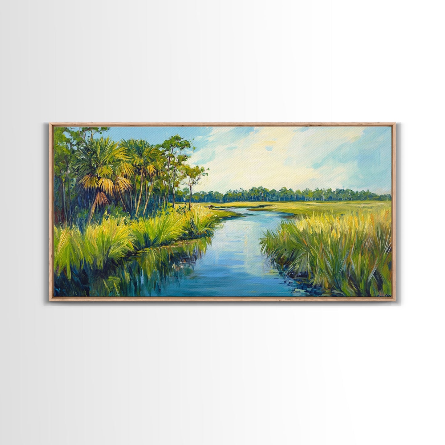 Marschlandschaft-Motiv, Palmenbild, tropische Landschaft, Küstendekor, grüne Wandkunst, rustikale Wandkunst, gerahmter Leinwanddruck