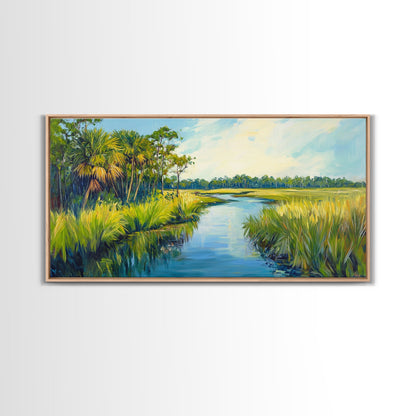 Marschlandschaft-Motiv, Palmenbild, tropische Landschaft, Küstendekor, grüne Wandkunst, rustikale Wandkunst, gerahmter Leinwanddruck