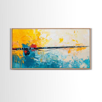 Fishing Rod, fly fishing art, nautical painting, coastal cowgirl wall art, rustic decor, blue and gold wall art, Framed Canvas Print