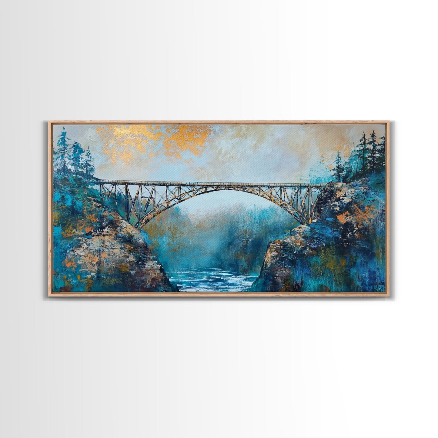 Stahlbrücke, Landschaftsmalerei, Berglandschaft, Panoramabild, gerahmter Leinwanddruck, Wandbild in Blau und Grün