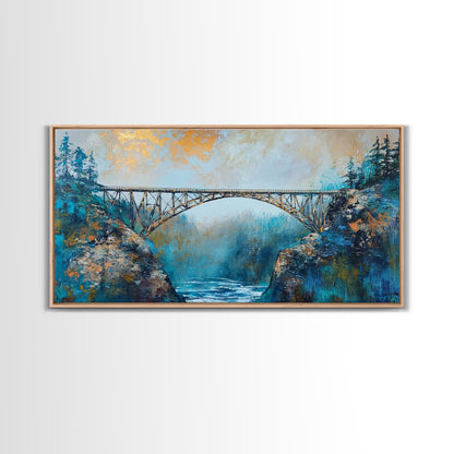 Stahlbrücke, Landschaftsmalerei, Berglandschaft, Panoramabild, gerahmter Leinwanddruck, Wandbild in Blau und Grün