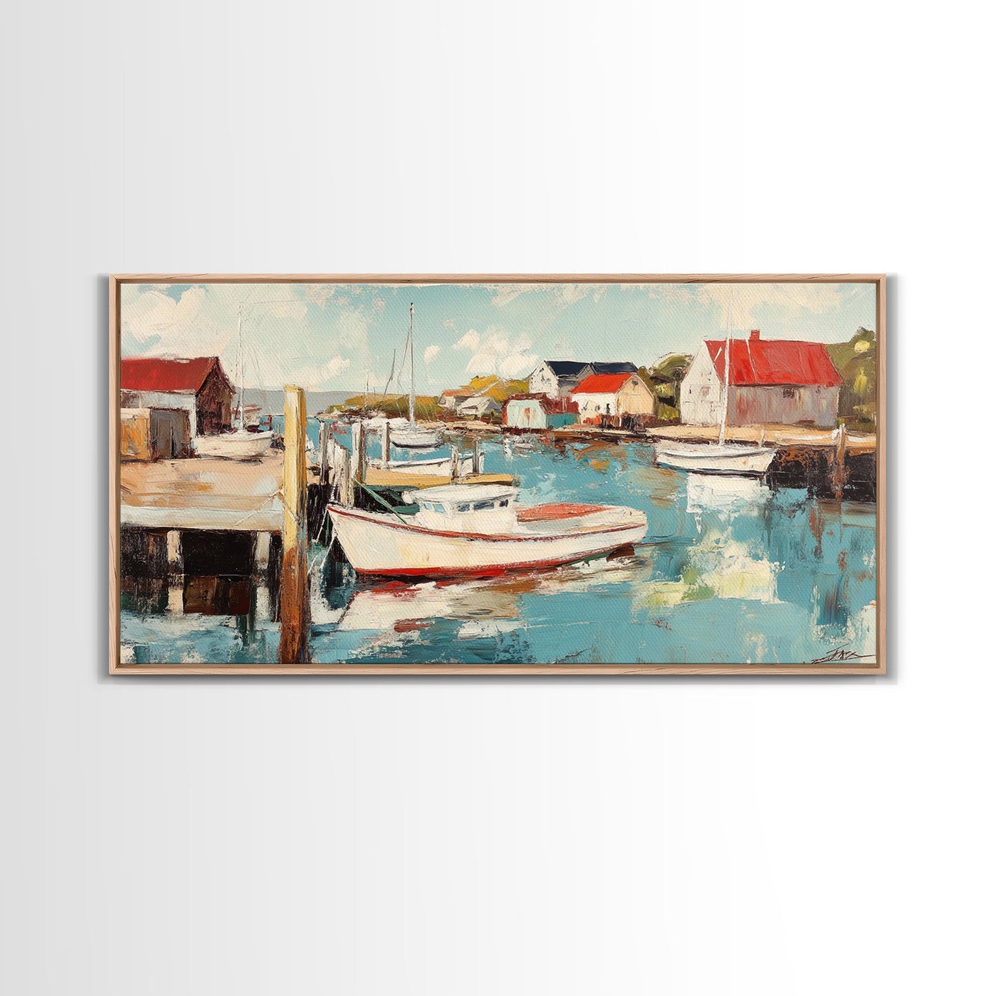 Hafenboote, Gemälde von Nantucket, Küstenmalerei, maritime Wandkunst, Fischergemälde, gerahmter Leinwanddruck, extra breites Kunstwerk