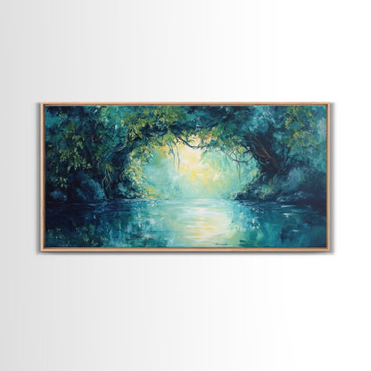 Mystischer Fluss, gerahmter Leinwanddruck, Landschaftsmalerei, stimmungsvolle Kunst, Wald in der Abenddämmerung, türkisfarbenes Wandbild, extra breites Bild