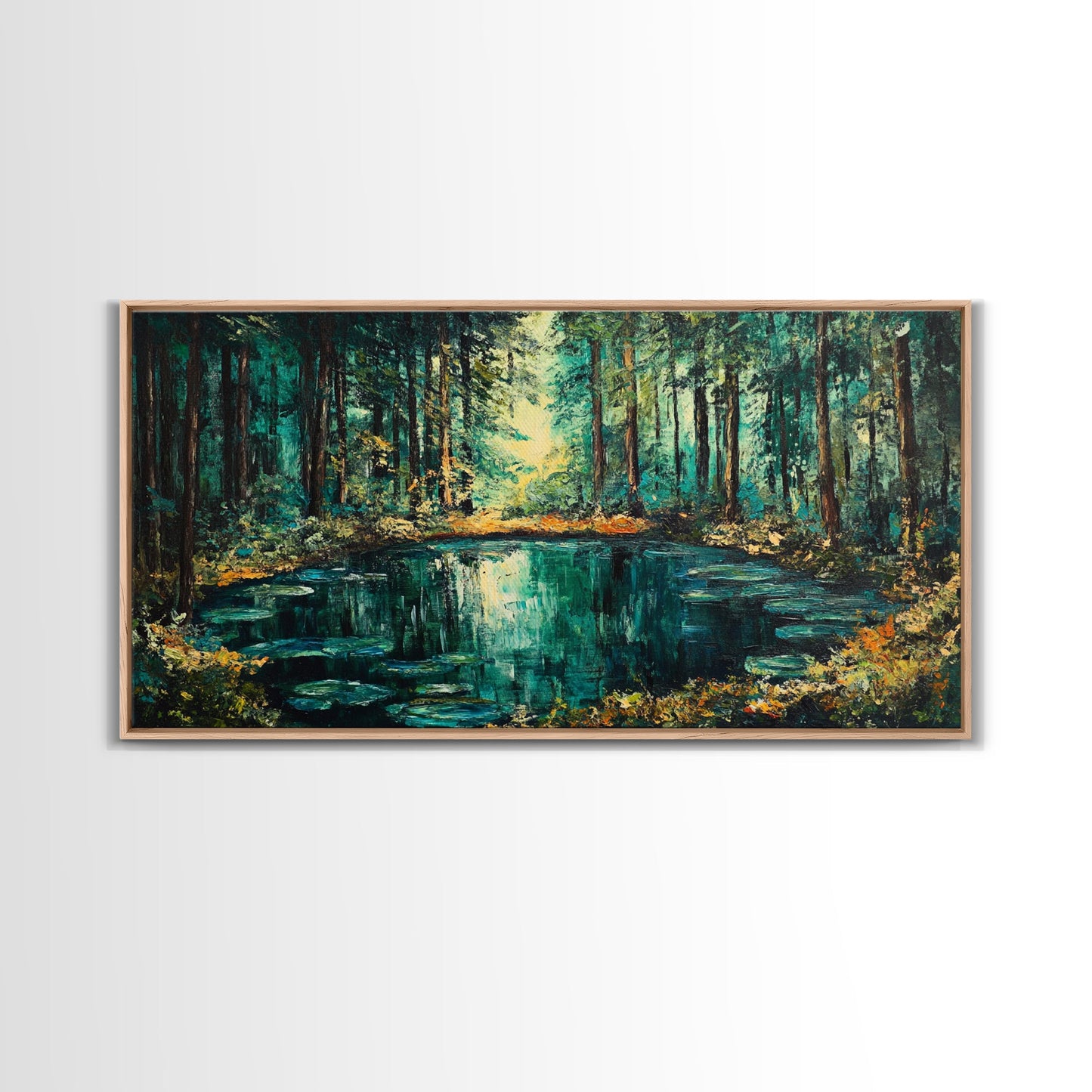 Verzauberter Waldteich, Leinwanddruck, Landschaftsmalerei, Kiefernkunst, Wald in der Abenddämmerung, Kunst vom Lake Tahoe, extra breites Kunstwerk