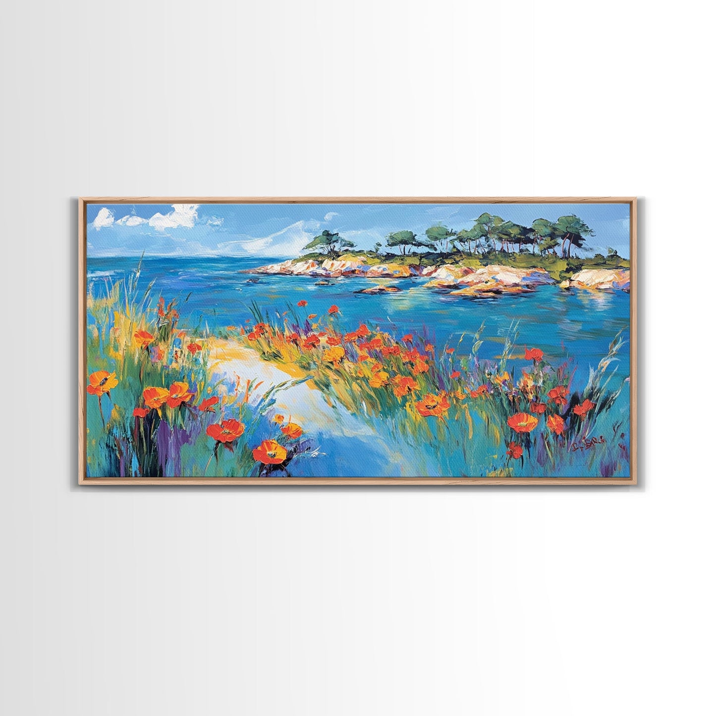 Coastal Poppies, Framed Canvas Print, California poppy art, coastal painting, wildflower painting, seascape art, above bed wall art