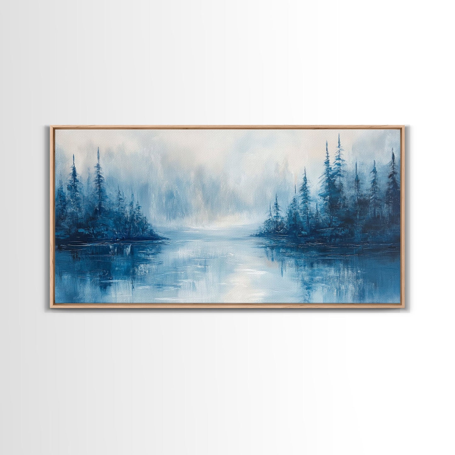 Neblige Seelandschaft, Stimmungsvolle Kunst, Kiefernlandschaft, Landschaftsgemälde, Gerahmter Leinwanddruck, Schlafzimmerkunst, Wandbild über dem Bett