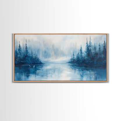 Neblige Seelandschaft, Stimmungsvolle Kunst, Kiefernlandschaft, Landschaftsgemälde, Gerahmter Leinwanddruck, Schlafzimmerkunst, Wandbild über dem Bett