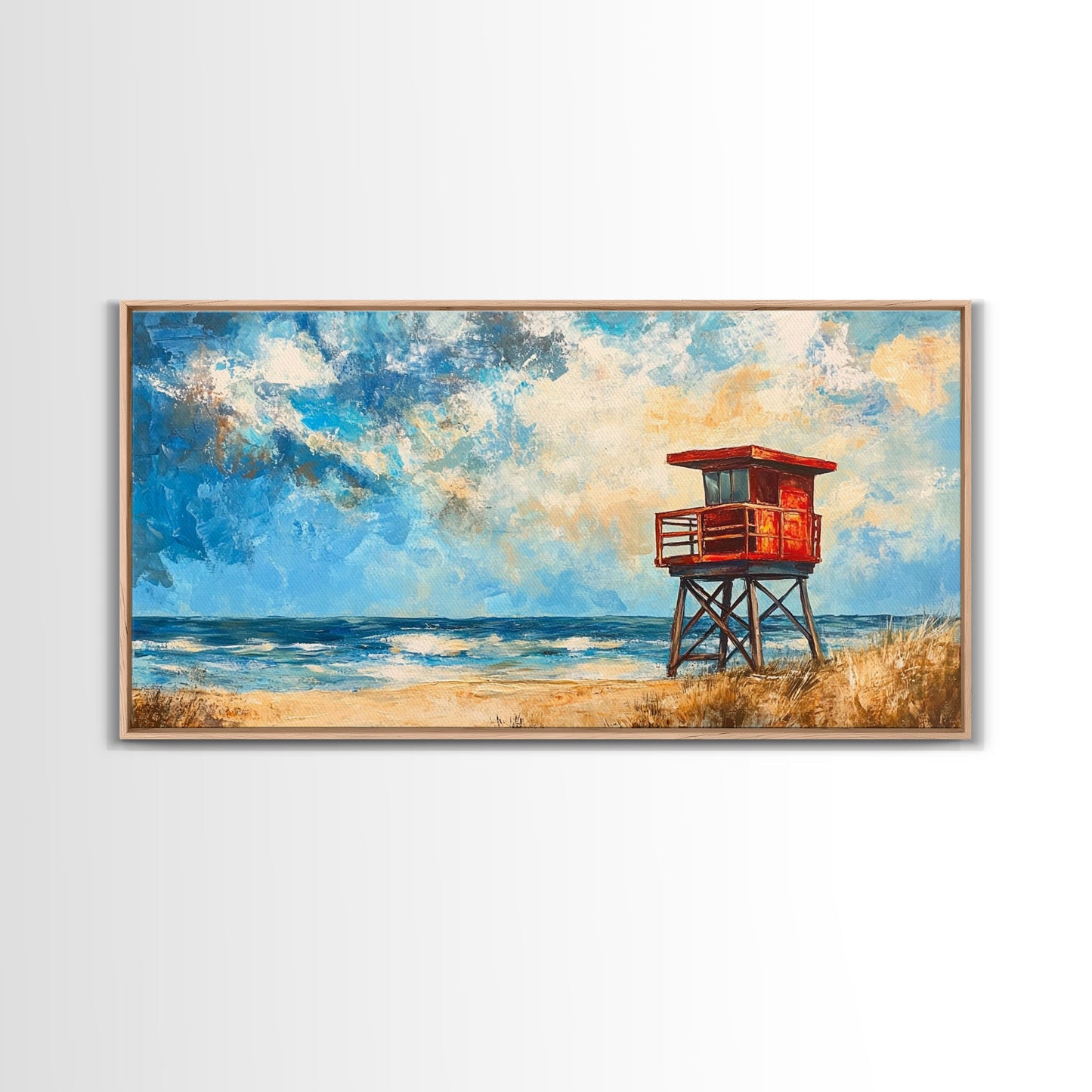 Lifeguard Tower, coastal landscape art, beach painting, seascape painting, nautical wall art, canvas print, horizontal wall art