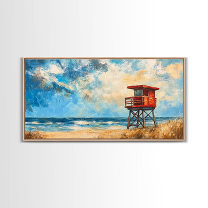 Lifeguard Tower, coastal landscape art, beach painting, seascape painting, nautical wall art, canvas print, horizontal wall art
