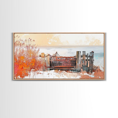 Rustic Dock, coastal decor, rustic art, farmhouse art, seascape painting, nautical painting, framed canvas print, extra wide art