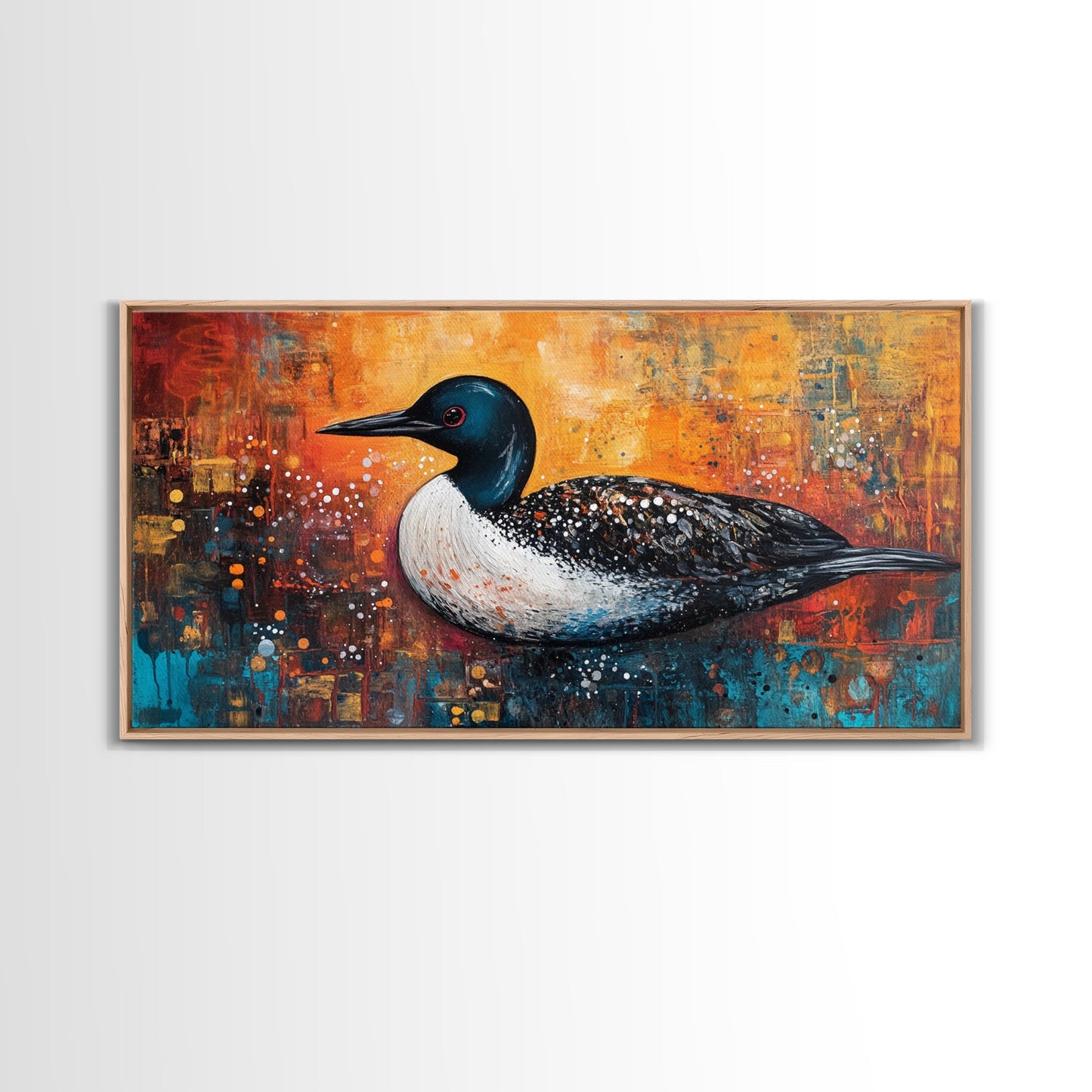 Gemälde eines Seetauchers, Vogelkunst, Tierkunst, Naturmalerei, Wandbild mit türkisfarbenem Motiv, gerahmter Leinwanddruck, Seedekor, rustikale Wandkunst