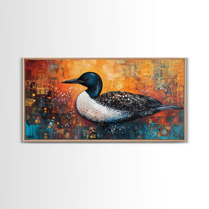 Gemälde eines Seetauchers, Vogelkunst, Tierkunst, Naturmalerei, Wandbild mit türkisfarbenem Motiv, gerahmter Leinwanddruck, Seedekor, rustikale Wandkunst