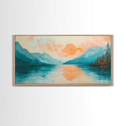 Sunset Lake, Kunst vom Lake Tahoe, gerahmter Leinwanddruck, rosa-orange Wandbild, horizontales Wandbild, Seestück, Küstendeko