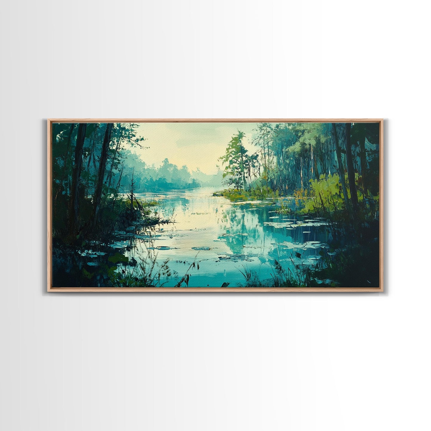 Tranquil lake, misty trees, landscape painting, extra wide art, wabi sabi art, minimalist art, framed canvas print, above couch art