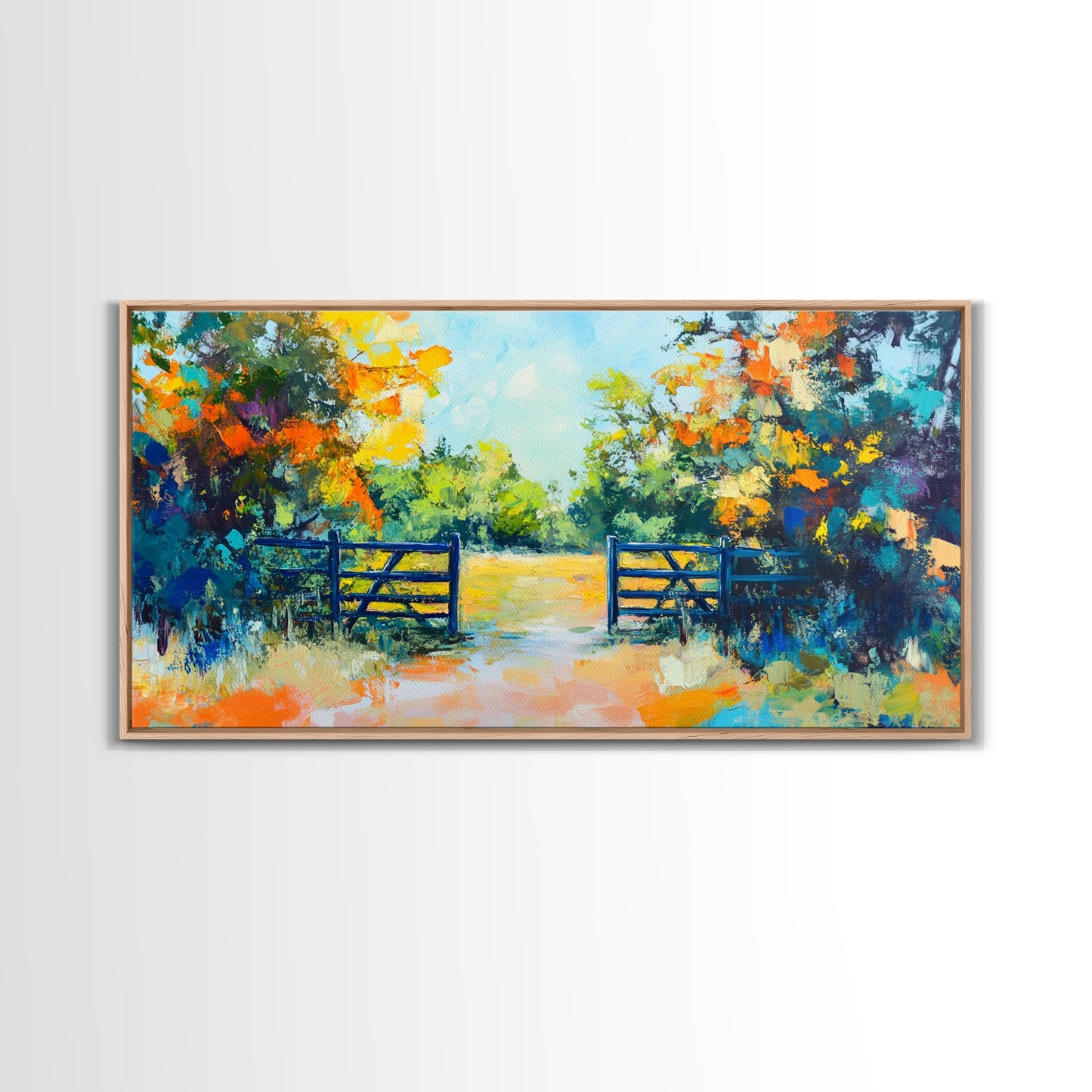 Open Gate, countryside painting, landscape art, framed canvas print, autumn wall art, farmhouse decor, rustic art, extra wide art