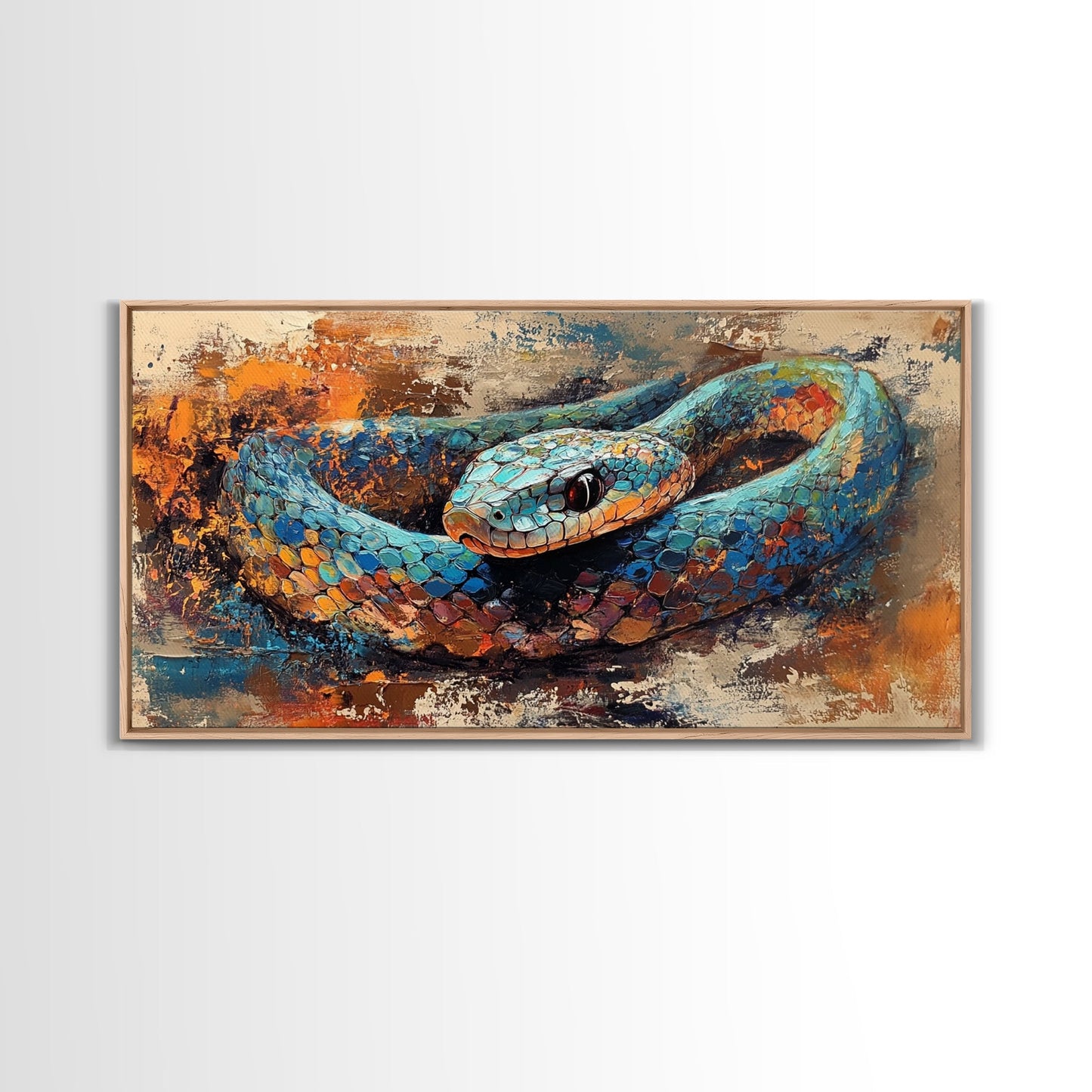 Blue Snake, abstract animal art, framed canvas print, moody art, wildlife painting, bold colors, rustic decor, modern wall art