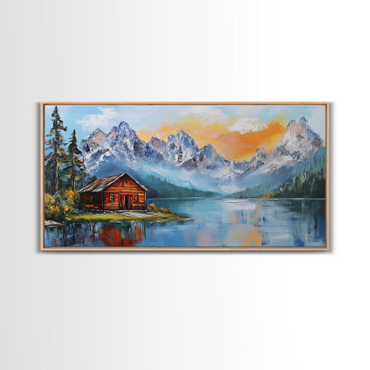 Mountain Cabin, Rustic Art, Lake Tahoe Art, Above Sofa Art, Landscape Painting, Bedroom Art, Framed Canvas Print, Farmhouse Art