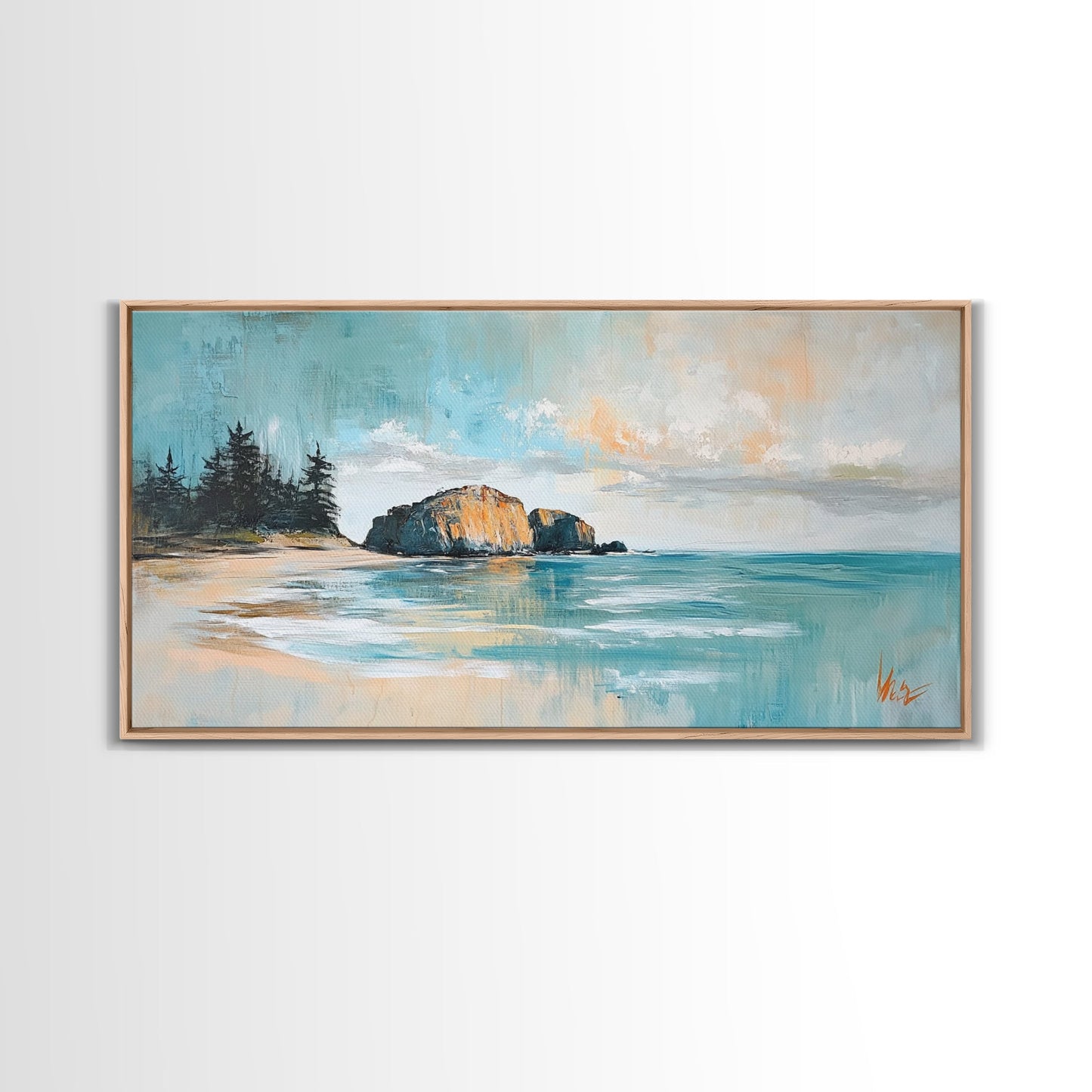 Ruhige Strandlandschaft, gerahmter Leinwanddruck, Küstenmalerei, Seestück, extra breites Kunstwerk, maritime Wandkunst, Schlafzimmerkunst