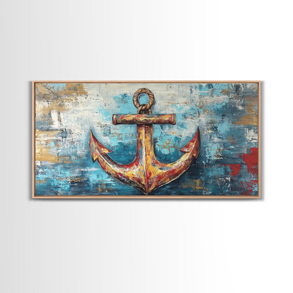 Nautischer Anker, Küstendeko, Rustikale Wandkunst, Extra breites Bild, Nautische Wandkunst, Horizontale Wandkunst, Gerahmter Leinwanddruck, Wohnzimmerkunst