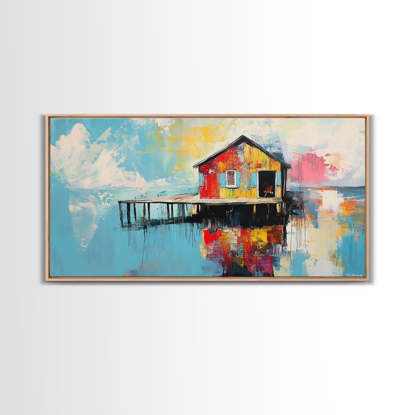 Colorful boathouse, lake reflection, coastal decor, seascape painting, nautical wall art, framed canvas print, extra wide art, gift idea