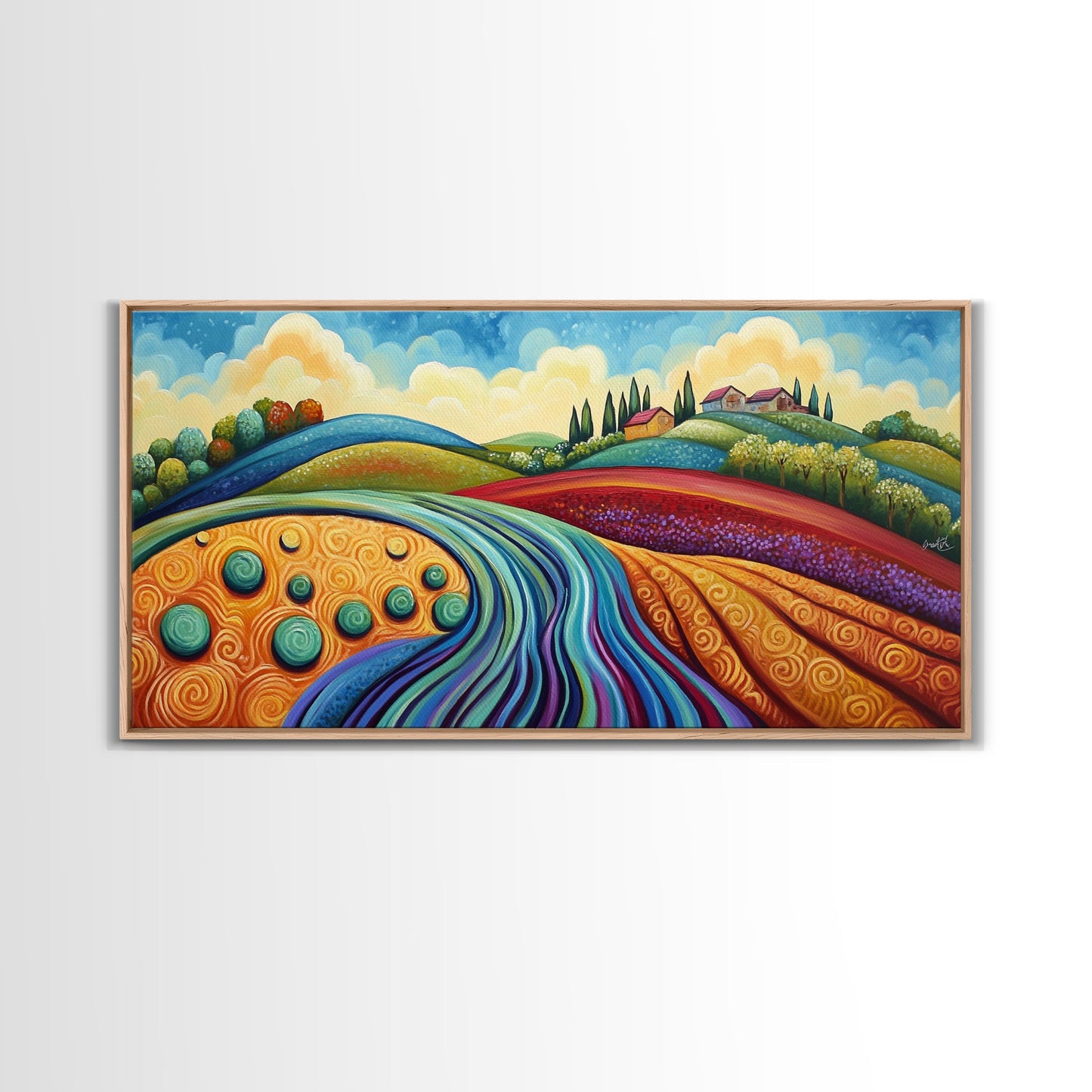 Whimsical Hills, rolling landscape, colorful fields, abstract nature, bold painting, extra wide art, Framed Canvas Print, rustic art