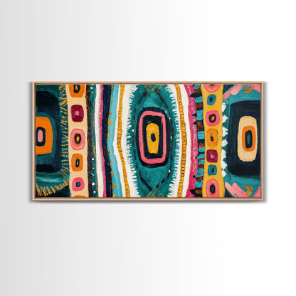 Geometric Abstract, bold colors, sacred geometry art, tribal design, vibrant patterns, extra wide art, Framed Canvas Print, boho art