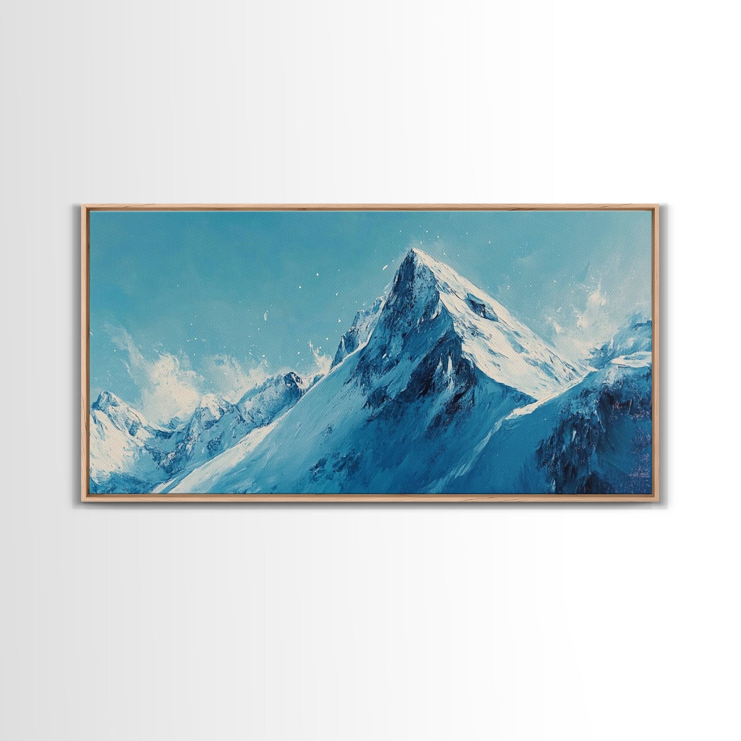 Berglandschaft-Malerei, Blau-Weiß-Kunst, Schneebedeckte Gipfel, Gerahmter Leinwanddruck, Rustikale Dekoration, Minimalistische Kunst, Extra breites Kunstwerk