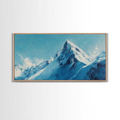 Berglandschaft-Malerei, Blau-Weiß-Kunst, Schneebedeckte Gipfel, Gerahmter Leinwanddruck, Rustikale Dekoration, Minimalistische Kunst, Extra breites Kunstwerk