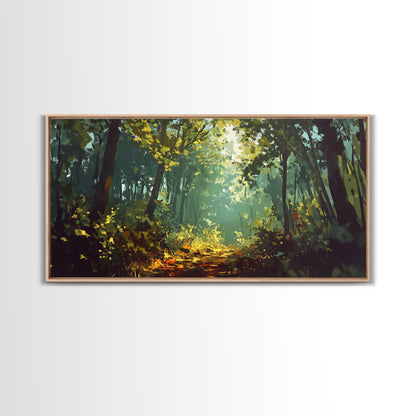 Forest Path, Sunlit Trees, Green Wall Art, Nature Landscape, Panoramic Painting, Rustic Wall Art, Framed Canvas Print
