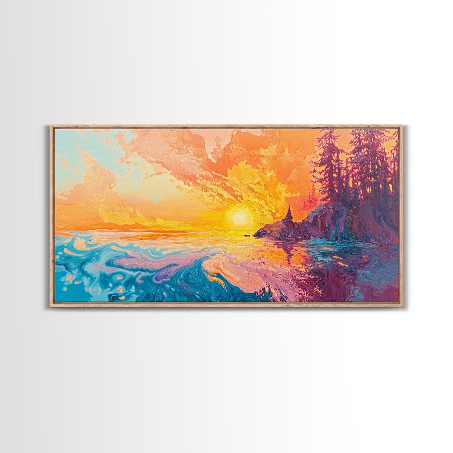 Feuriger Sonnenuntergang, Stimmungsvolle Kunst, Kunst vom Lake Tahoe, Farbenfrohe Landschaft, Wandkunst aus dem Südwesten, Panoramagemälde, Gerahmter Leinwanddruck, Naturkunst