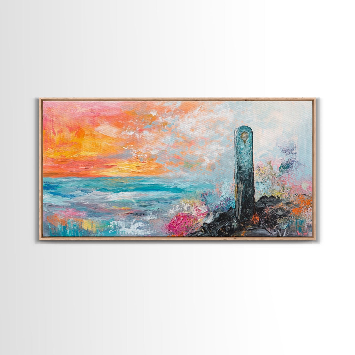 Sunset Over Ocean, pink orange wall art, coastal wall art, abstract seascape, vibrant landscape painting, Framed Canvas Print