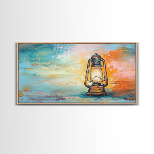 Lantern painting, rustic decor, farmhouse art, boho art, wabi sabi art, warm glow, extra wide art, framed canvas print, moody art