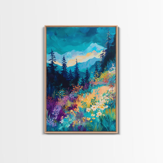 Wildflower Meadow, Mountain Painting, Vibrant Landscape Art, Pine Tree Art, Cottagecore Wall Art, Framed Canvas Print, Gift Idea