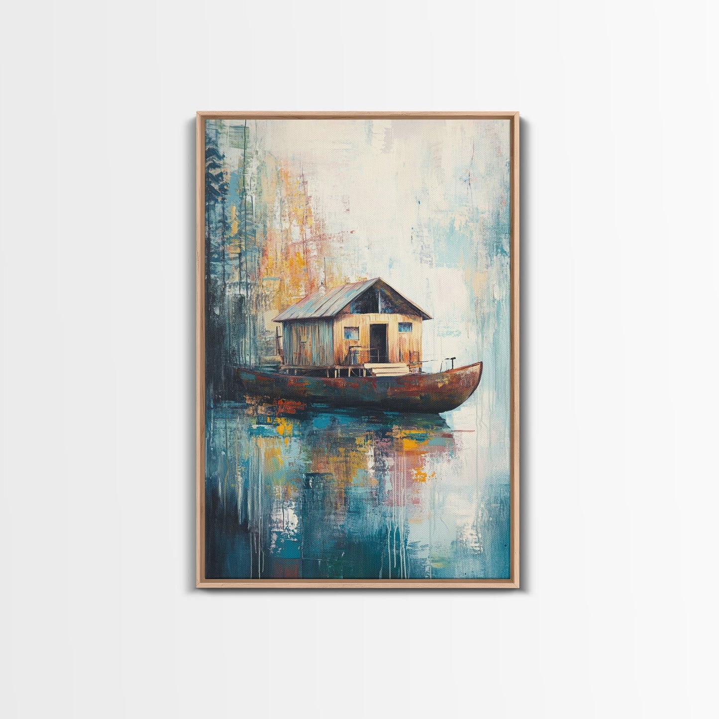Floating House Painting, Lakefront Scene, Rustic Boat Art, Tranquil Landscape, Water Reflection Art, Framed Canvas Print