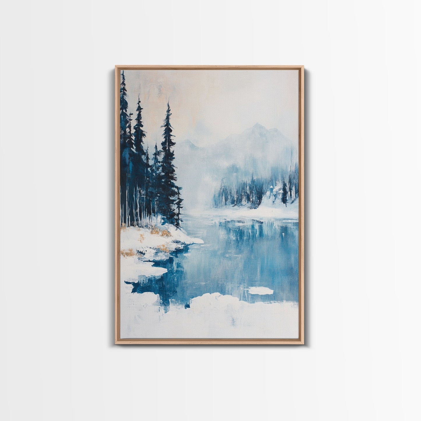 Snowy Mountain Scene, pine tree art, smoky mountain art, landscape painting, framed canvas print, rustic wall art, above sofa art