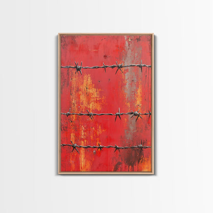 Barbed Wire, Chicano Art, Industrial Wall Art, Rustic Decor, Moody Art, Red Abstract Art, Framed Canvas Print, Gift Idea